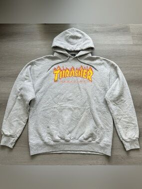 Vintage y2k Thrasher Skateboarding Hoodie Flame Design M Gray Orange distressed